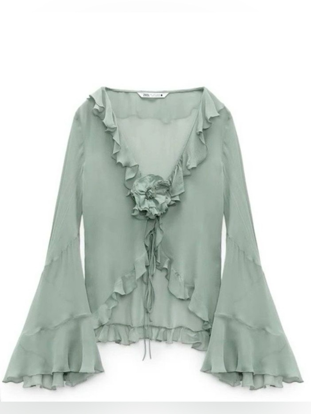NWT Zara Sheer Ruffles Rose Rosette Tie Bell Sleeve Blouse Medium